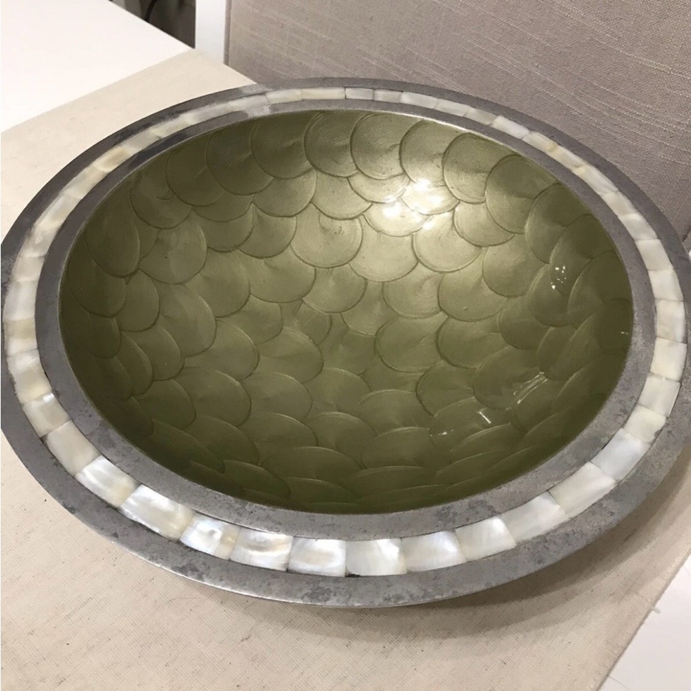 Julia Knight 11.75” Cast Aluminum Bowl Mother of Pearl Mosaic Green Enamel